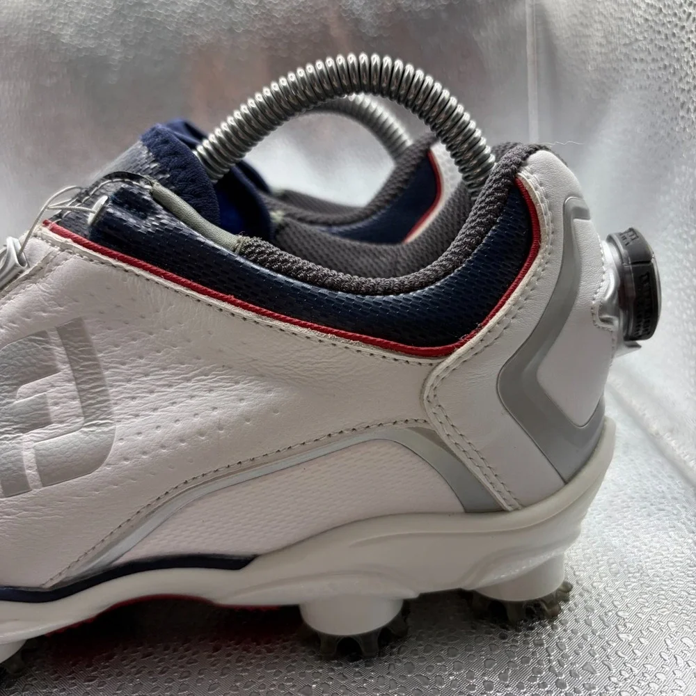Size 8.5N FootJoy DNA Helix BOA White Navy Mens Comfort Spiked Golf Shoes 53344